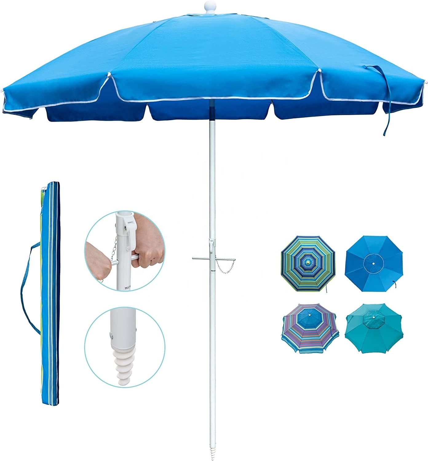 7ft Beach Umbrella with Sand Anchor, Push Button Tilt and Carry Bag, UV 50+ Protection Windproof Portable Umbrella for Garden