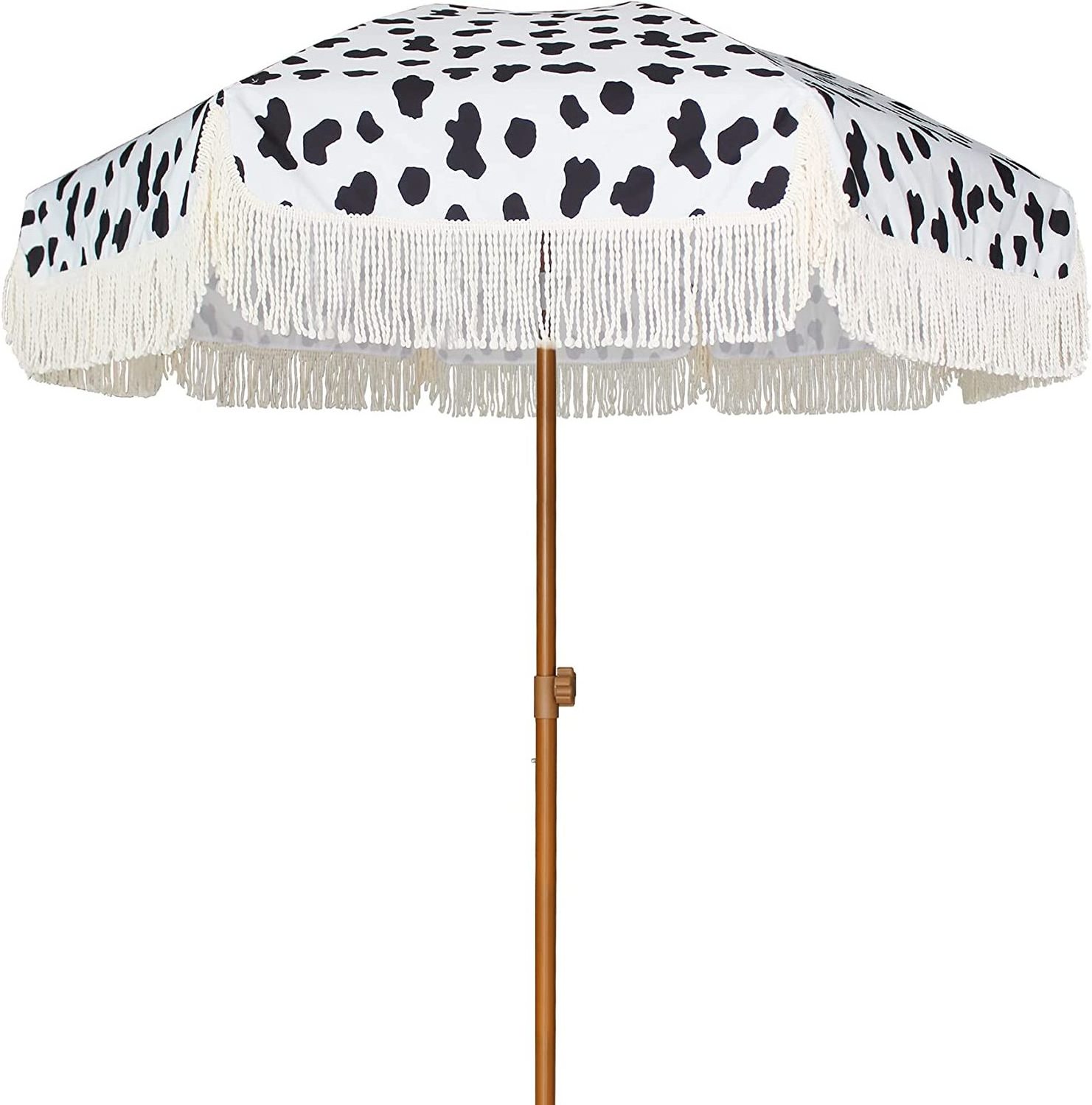 7ft Patio Umbrella with Fringe Outdoor Tassel Umbrella UPF50+ Wood Color Steel Pole and Steel Ribs Push Button Tilt,Cow Polka Do