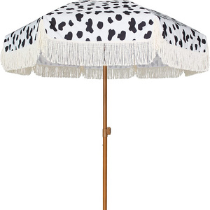 7ft Patio Umbrella with Fringe Outdoor Tassel Umbrella UPF50+ Wood Color Steel Pole and Steel Ribs Push Button Tilt,Cow Polka Do