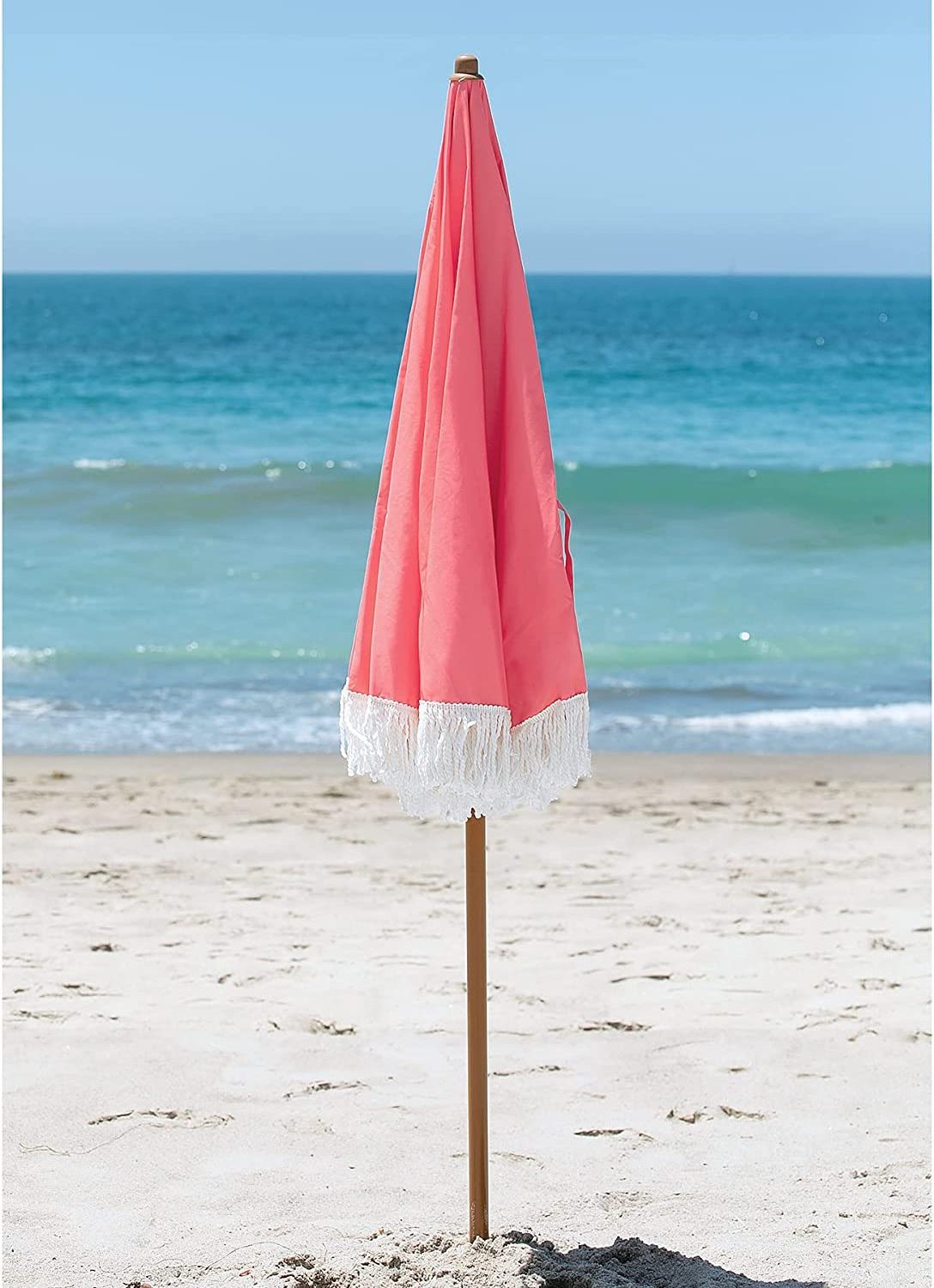 7ft Patio Umbrella with Fringe Outdoor Tassel Umbrella UPF50+ Wood Color Steel Pole and Steel Ribs Push Button Tilt - Pink