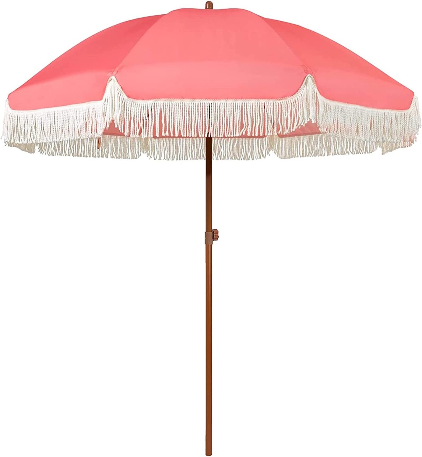 7ft Patio Umbrella with Fringe Outdoor Tassel Umbrella UPF50+ Wood Color Steel Pole and Steel Ribs Push Button Tilt - Pink