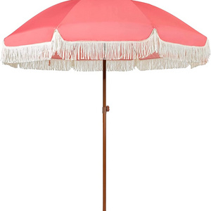 7ft Patio Umbrella with Fringe Outdoor Tassel Umbrella UPF50+ Wood Color Steel Pole and Steel Ribs Push Button Tilt - Pink