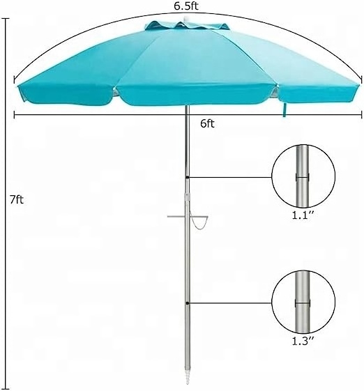 6.5FT Beach Umbrella UV 50+ Outdoor Portable Sunshade Umbrella With Push Button Tilt Sand Anchor and Carry Bag for Patio Garden