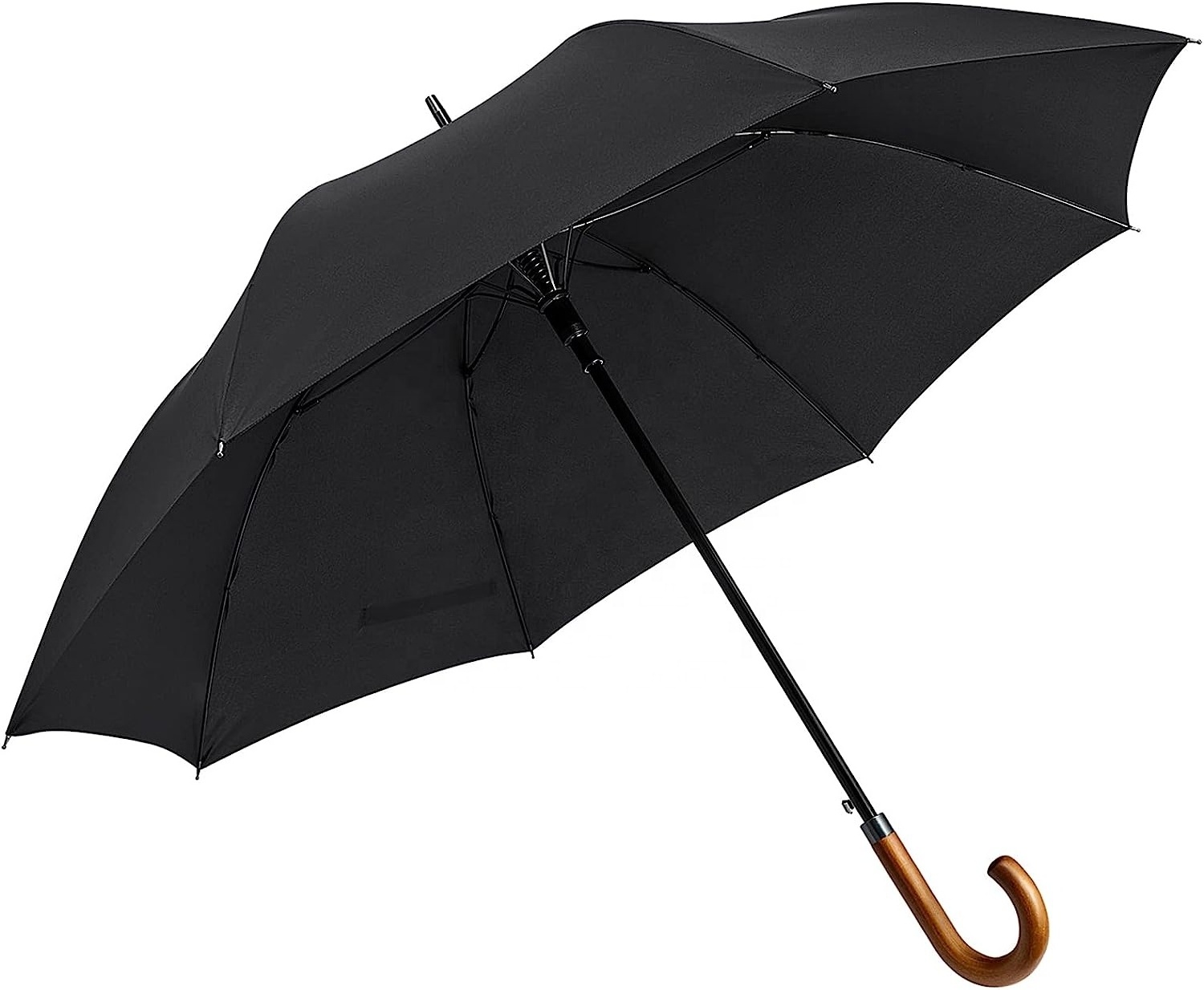 Classic Wooden Handle Umbrella, Auto Open Large Windproof J Hook Stick Rain Umbrellas Black