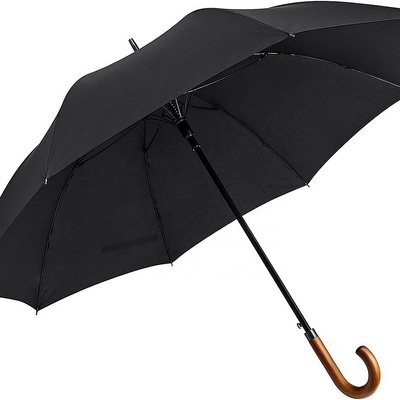 Classic Wooden Handle Umbrella, Auto Open Large Windproof J Hook Stick Rain Umbrellas Black