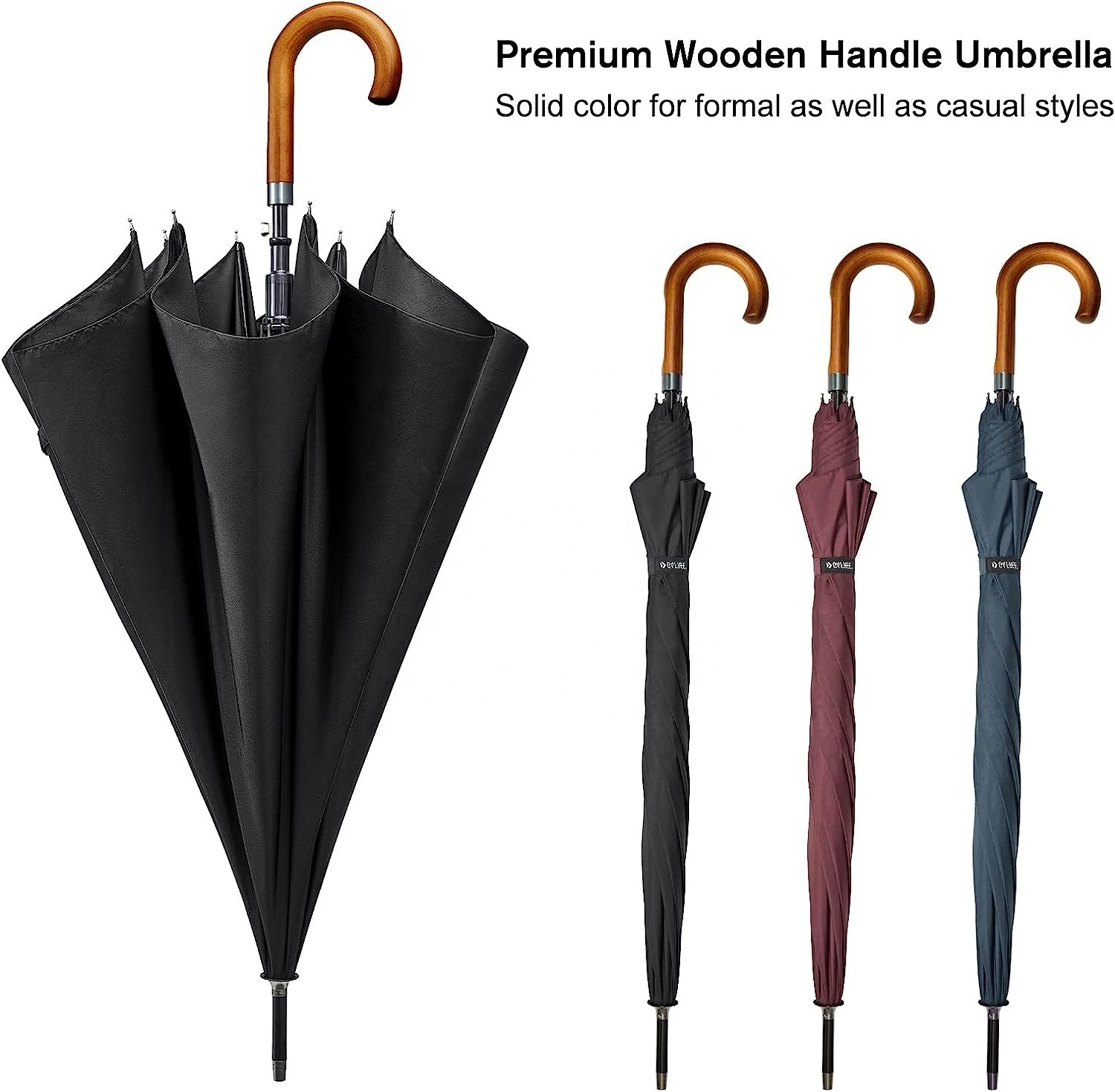 Classic Wooden Handle Umbrella, Auto Open Large Windproof J Hook Stick Rain Umbrellas Black