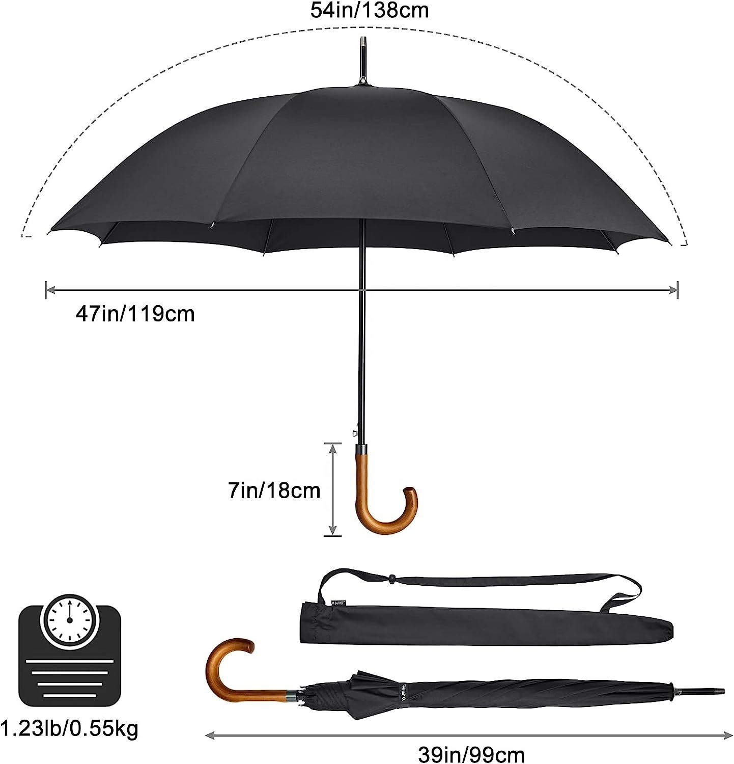 Classic Wooden Handle Umbrella, Auto Open Large Windproof J Hook Stick Rain Umbrellas Black