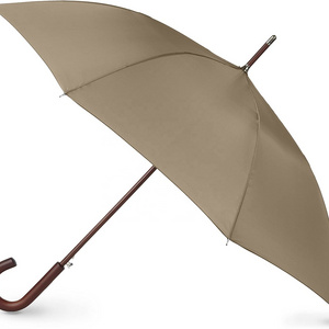 Auto Open Wooden Handle J Stick Umbrella Beige