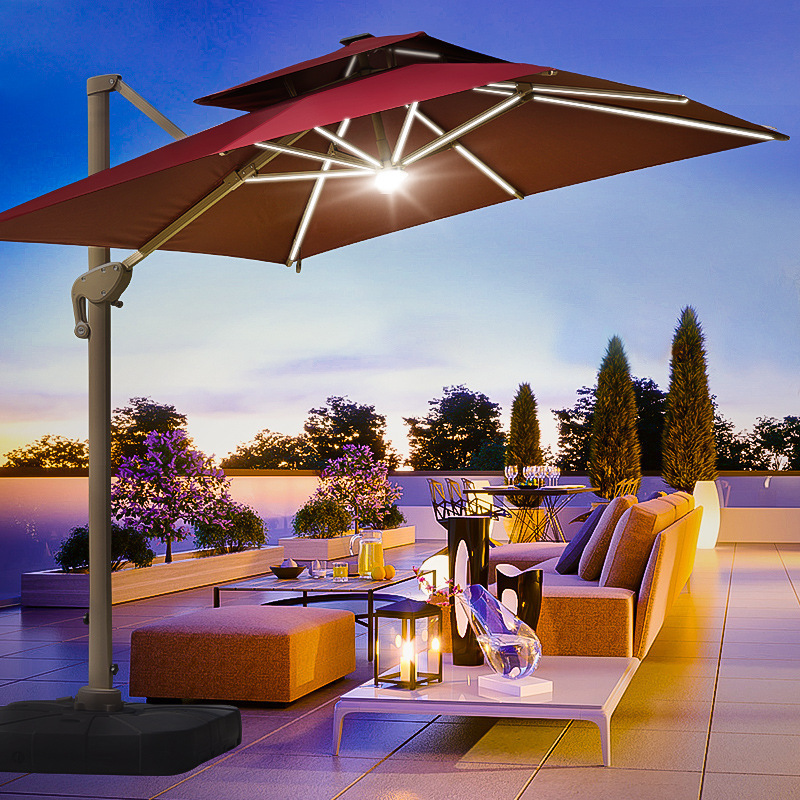 Outdoor Garden Roman Umbrella Aluminum 3m Square Offset Parasols 10ft Cantilever Patio Umbrellas With Solar Lights