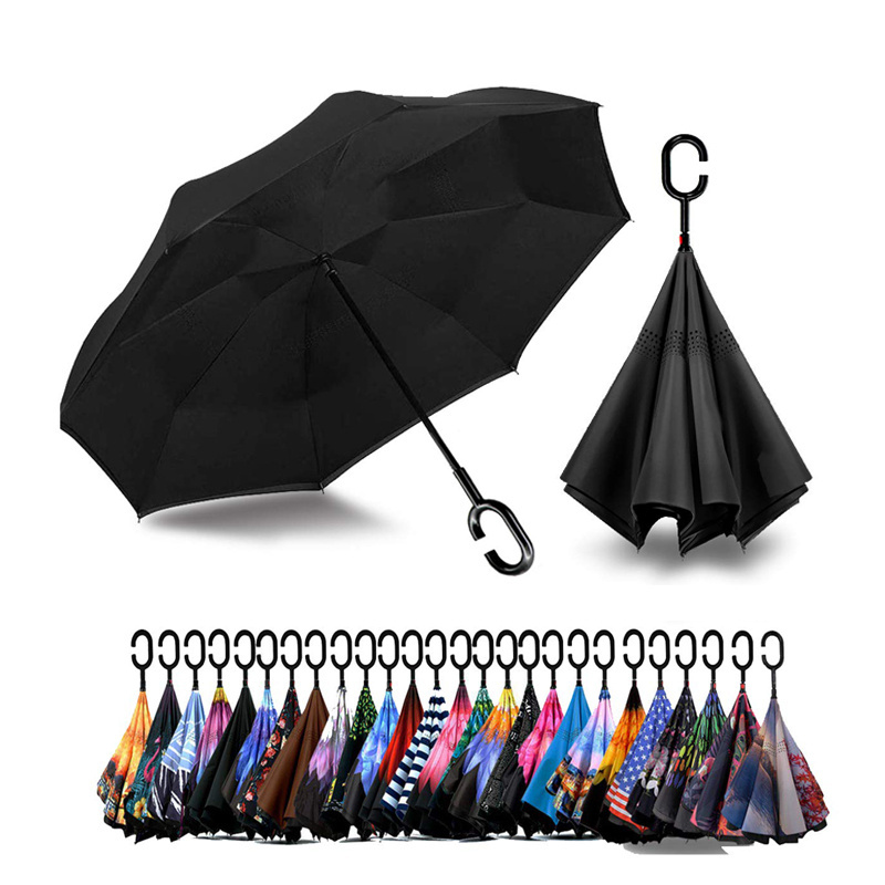 Wholesale Hands Free C Handle Inverted Umbrella Windproof Double Layer Upside Down Reverse Umbrella With Logo