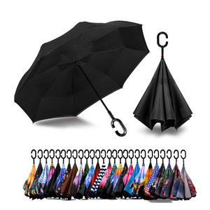 Wholesale Hands Free C Handle Inverted Umbrella Windproof Double Layer Upside Down Reverse Umbrella With Logo