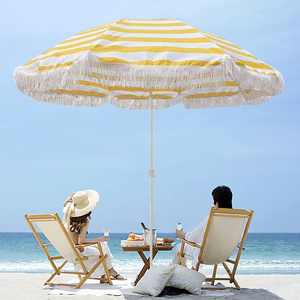 Custom Outdoor Portable Yellow Boho Wooden Pole Canvas Tassel Parasols Vintage Beach Umbrella With Fringe