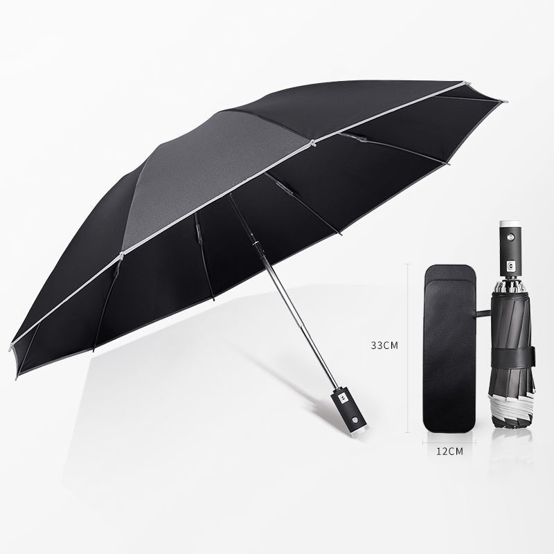 High Quality Reflective Stripe 3 Fold Automatic Flashlight Umbrella Inverted Reverse Folding Umbrella With LED Light