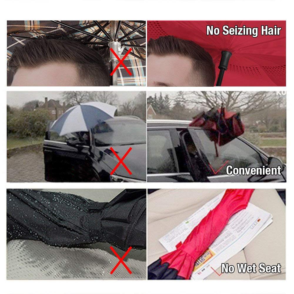 Wholesale Custom Red Black, C-shaped Handle Windproof Double Layer Auto Close Reverse Inverted Umbrellas With Logo Printing/