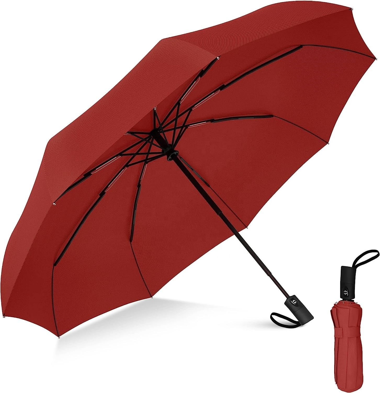 Red  Folding Windproof Mini Umbrella - Auto Open and Close Button and 9 Rib Reinforced Canopy