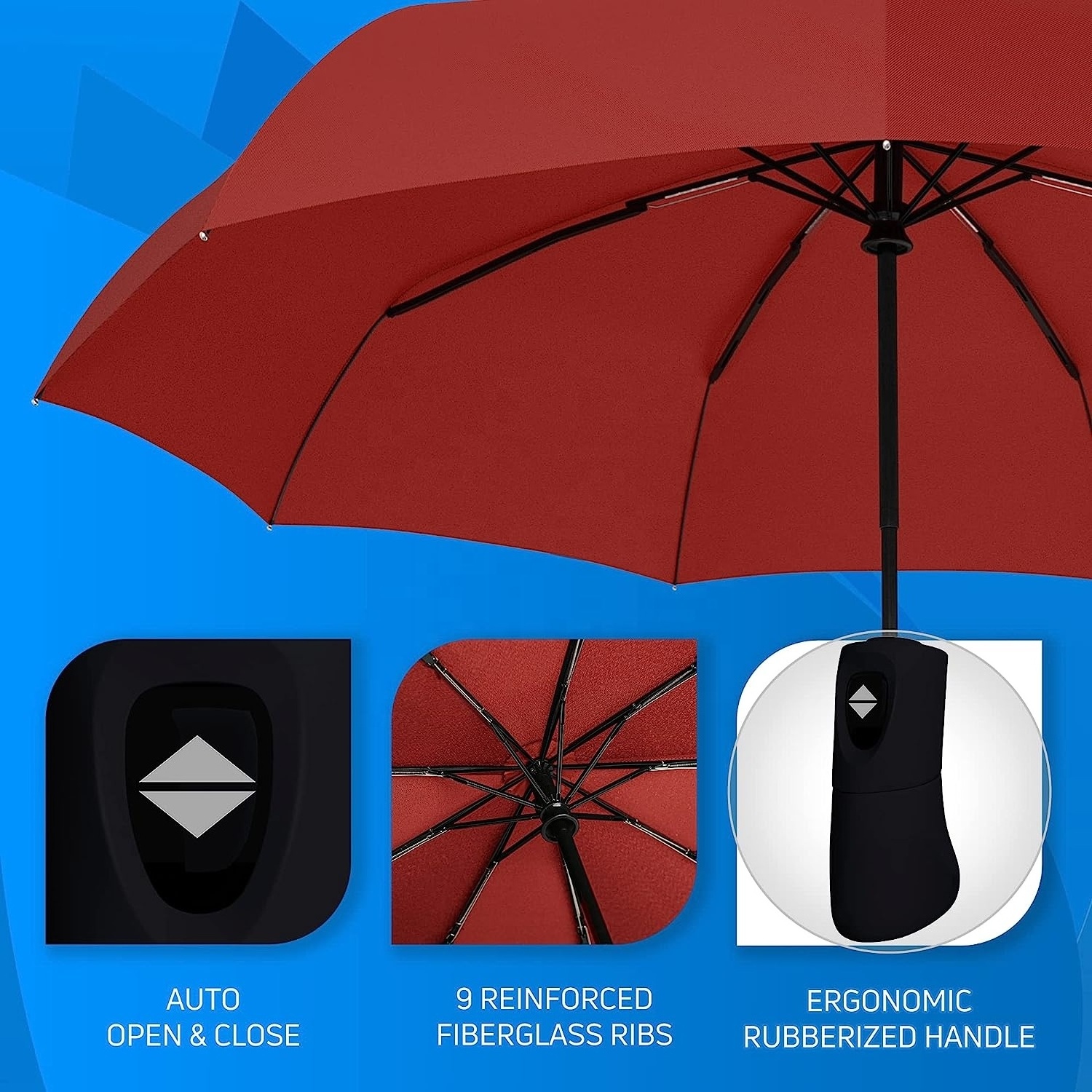 Red  Folding Windproof Mini Umbrella - Auto Open and Close Button and 9 Rib Reinforced Canopy