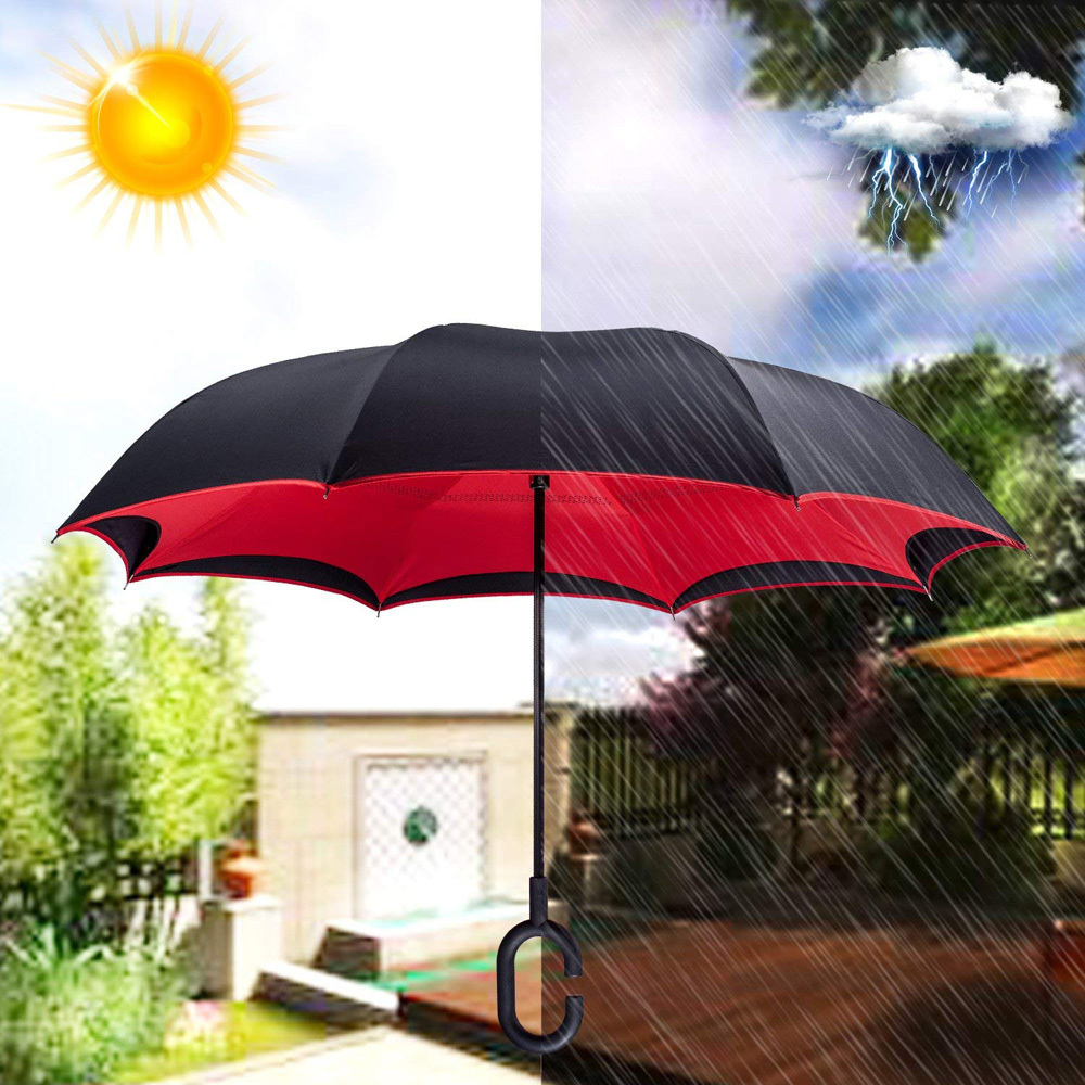 Wholesale Custom Red Black, C-shaped Handle Windproof Double Layer Auto Close Reverse Inverted Umbrellas With Logo Printing/