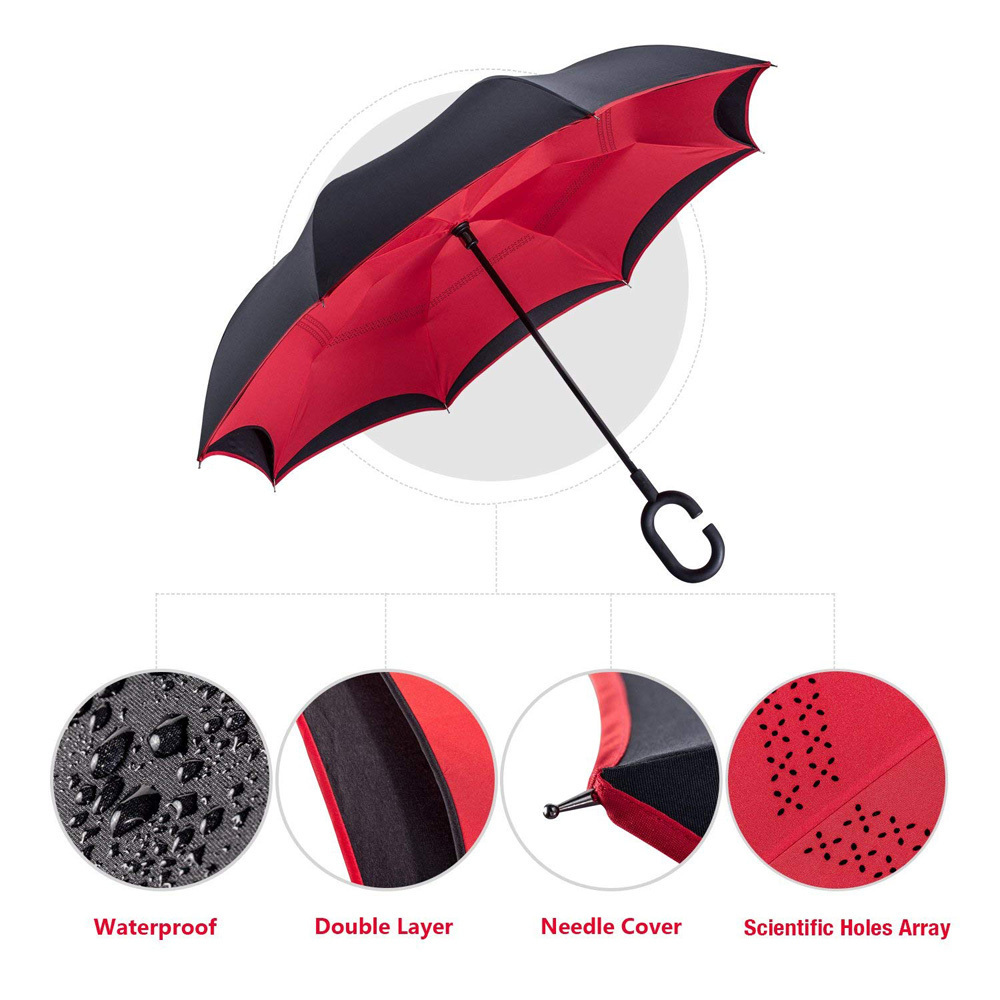 Wholesale Custom Red Black, C-shaped Handle Windproof Double Layer Auto Close Reverse Inverted Umbrellas With Logo Printing/