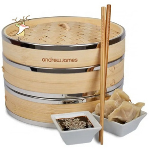 Bamboo Steamer Basket Set (10 inch) Eco-Friendly Chinese Kitchen Steamer for Cooking Food 50x Stainless Steel Banding Liners