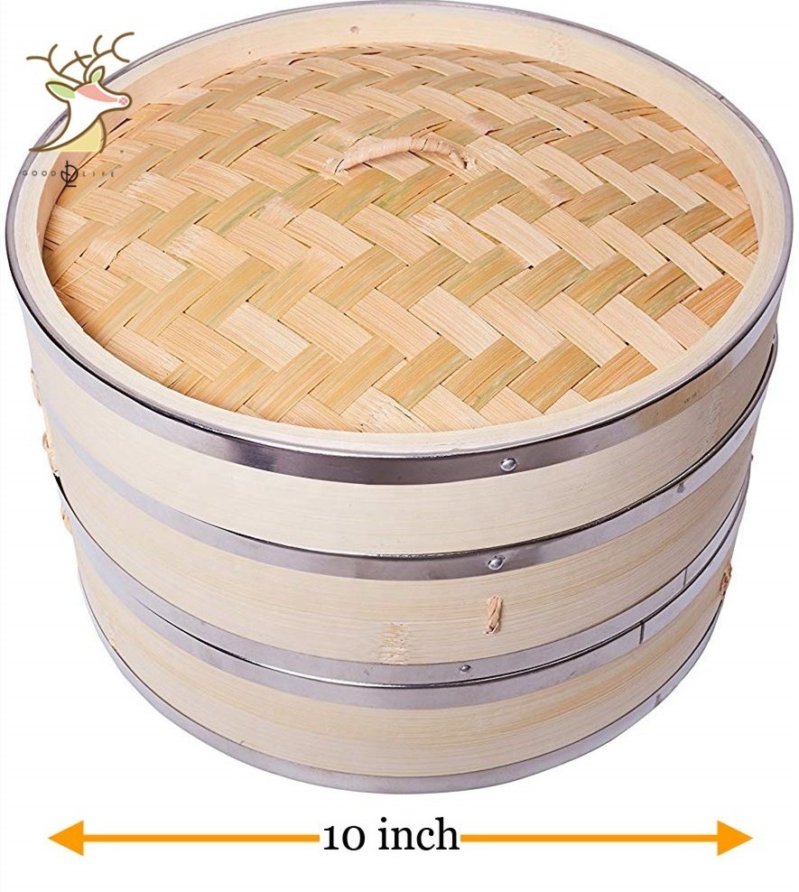 Bamboo Steamer Basket Set (10 inch) Eco-Friendly Chinese Kitchen Steamer for Cooking Food 50x Stainless Steel Banding Liners