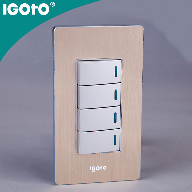 Igoto America type brushed plate electrical 4 Gang 1 Way switches with neon light 4 Gang 2 Way switch with neon light