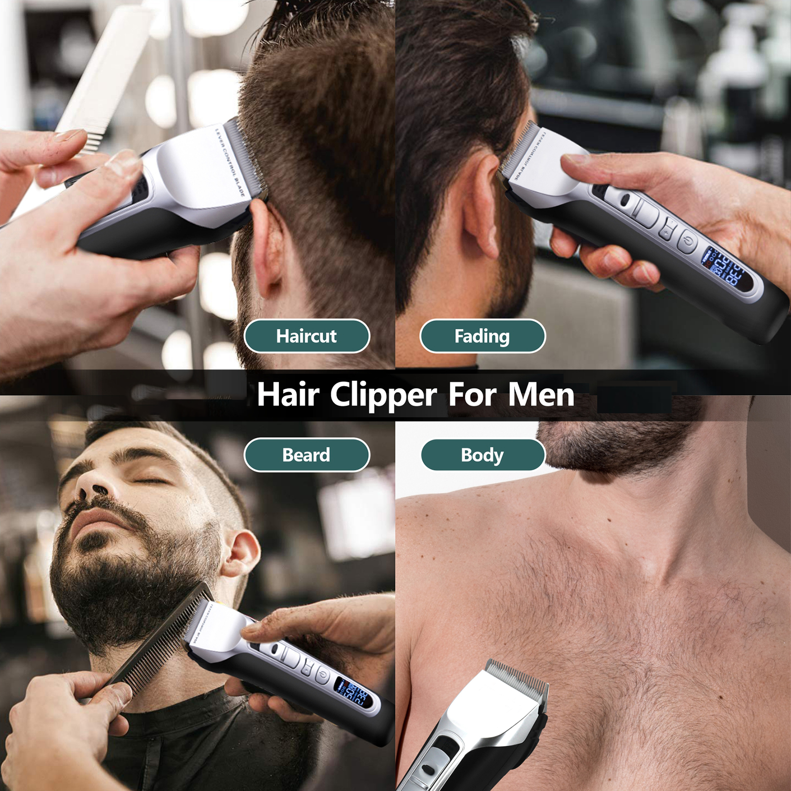 USB Rechargeable Cordless Hair Clipper with 5 Attachments Adjustable Electric LCD Screen Steel Blade Hair Trimmer