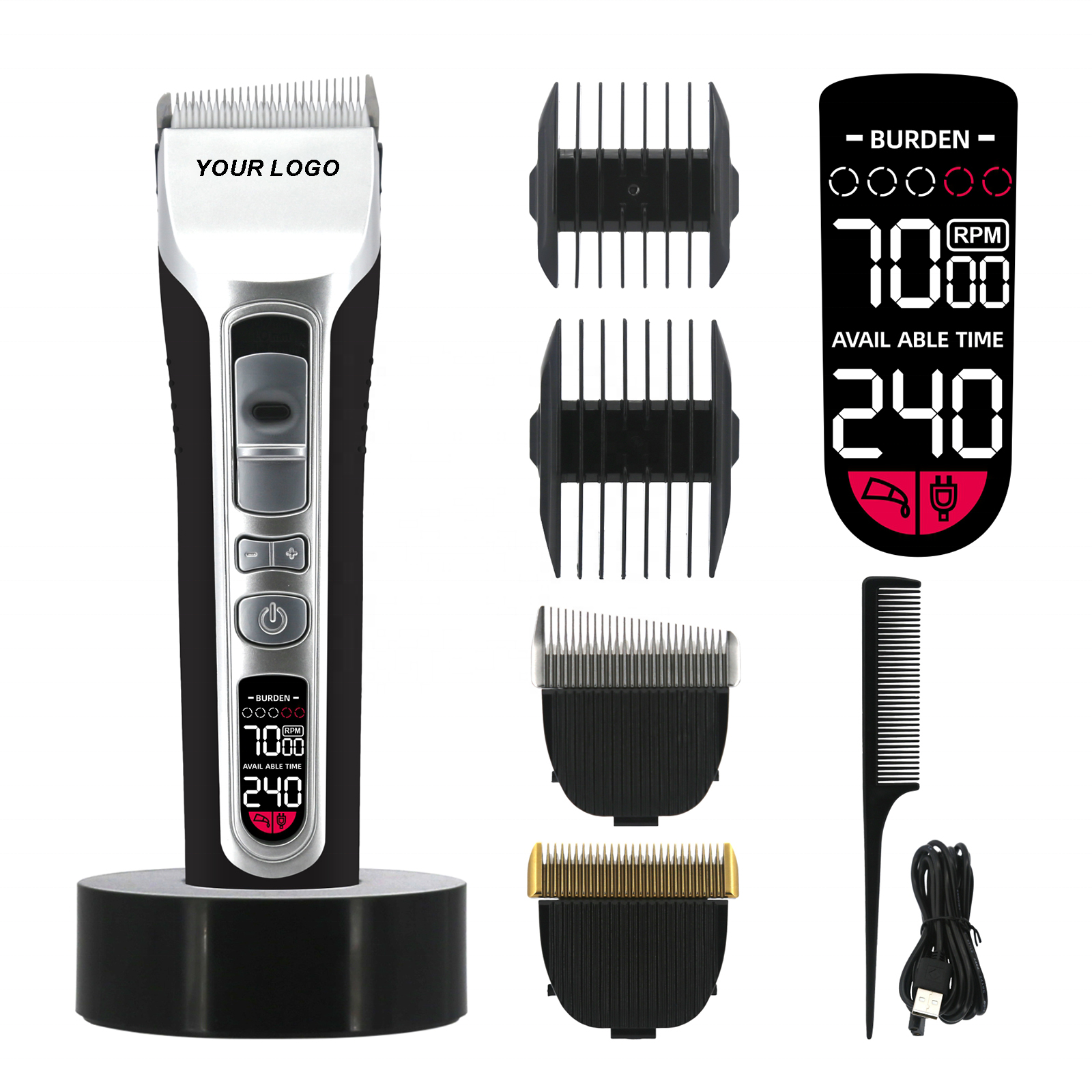 USB Rechargeable Cordless Hair Clipper with 5 Attachments Adjustable Electric LCD Screen Steel Blade Hair Trimmer