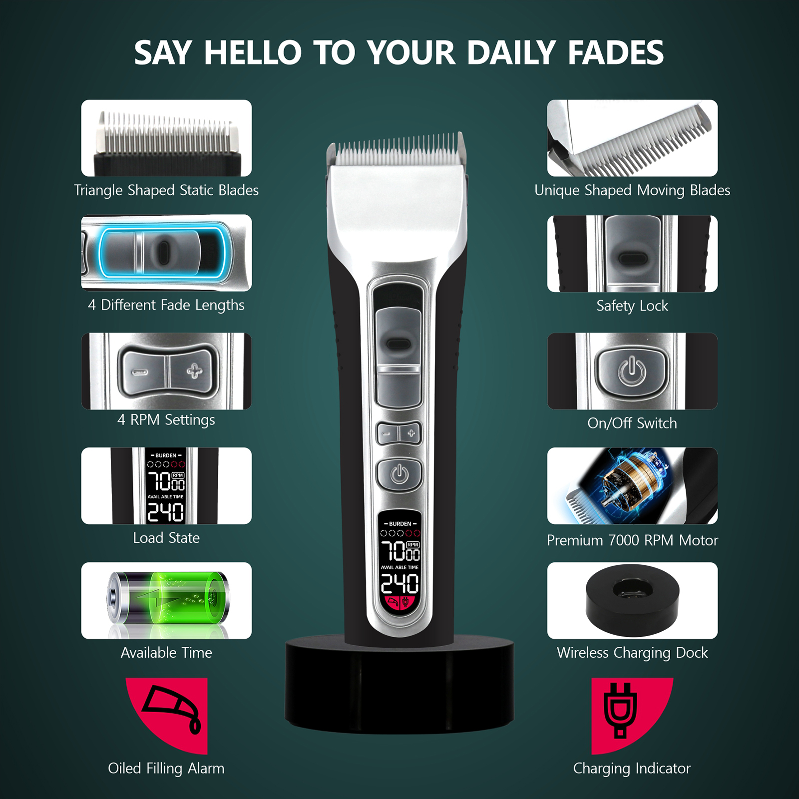 USB Rechargeable Cordless Hair Clipper with 5 Attachments Adjustable Electric LCD Screen Steel Blade Hair Trimmer