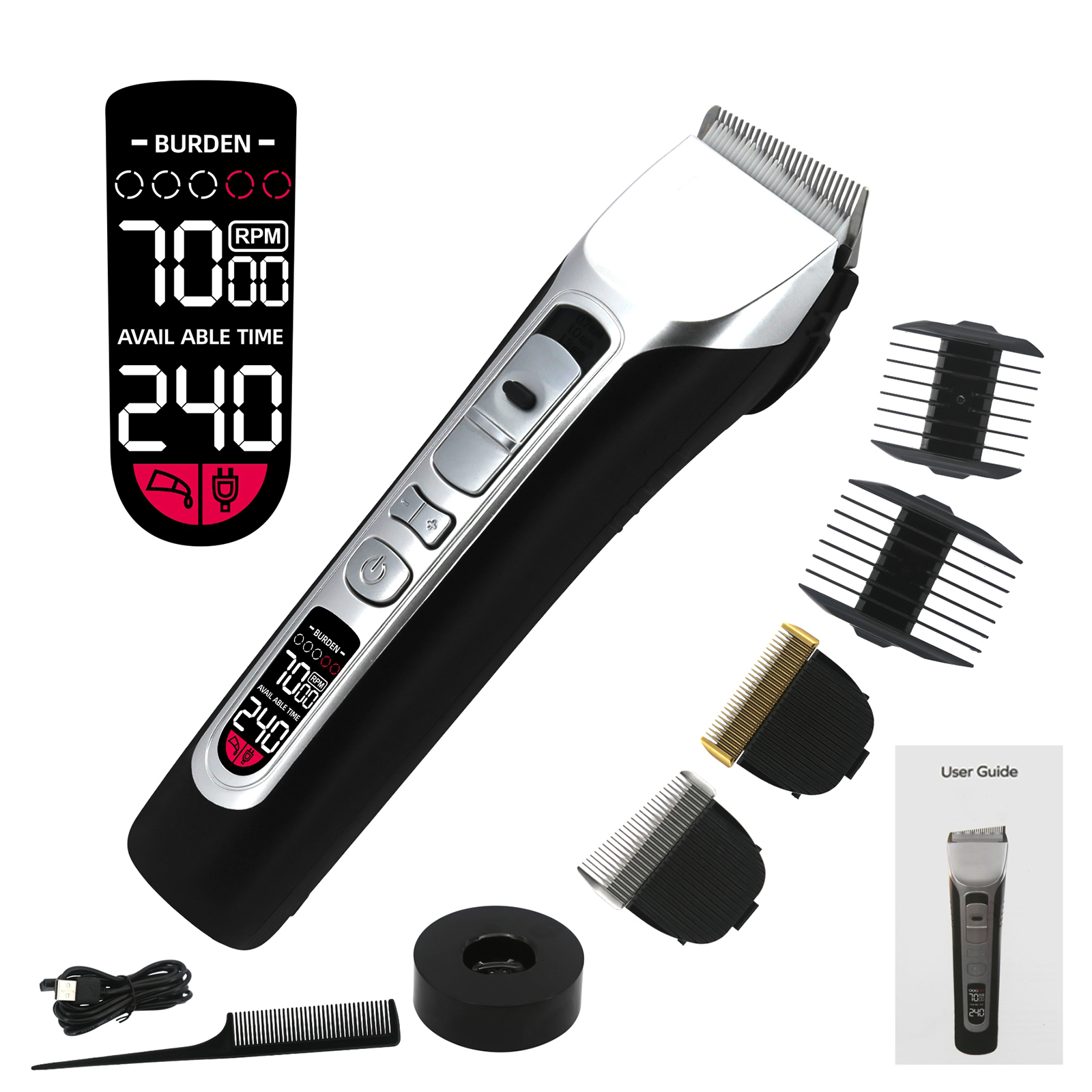 USB Rechargeable Cordless Hair Clipper with 5 Attachments Adjustable Electric LCD Screen Steel Blade Hair Trimmer