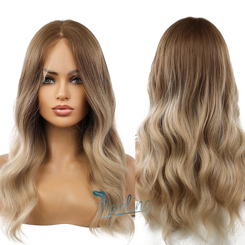 Fast Delivery Medium Length Lace Wig Brown Gradient Blonde Synthetic Japanese Fiber High Density Heat Resistant Lace Wig