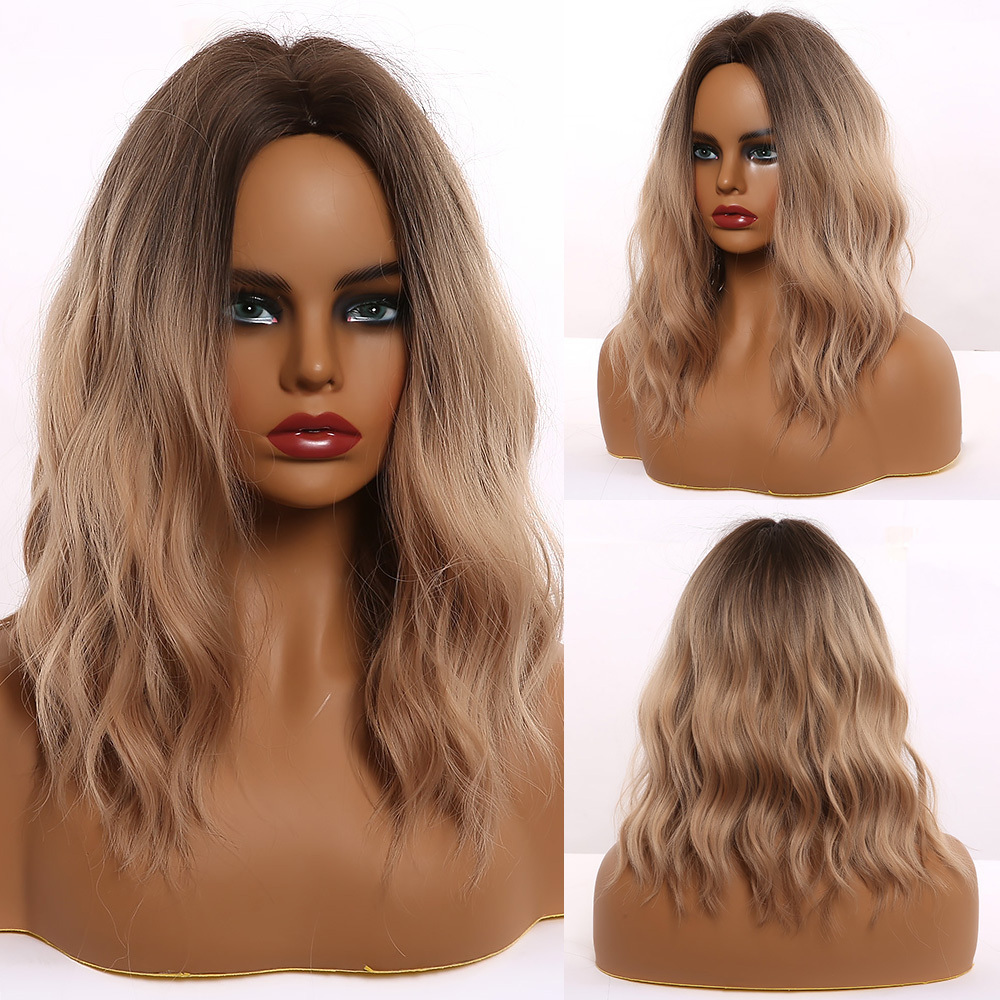 Medium Long Water Wave Ombre Black Brown Synthetic Wigs Natural Middle Part Heat Resistant Hair Wigs for Black Women