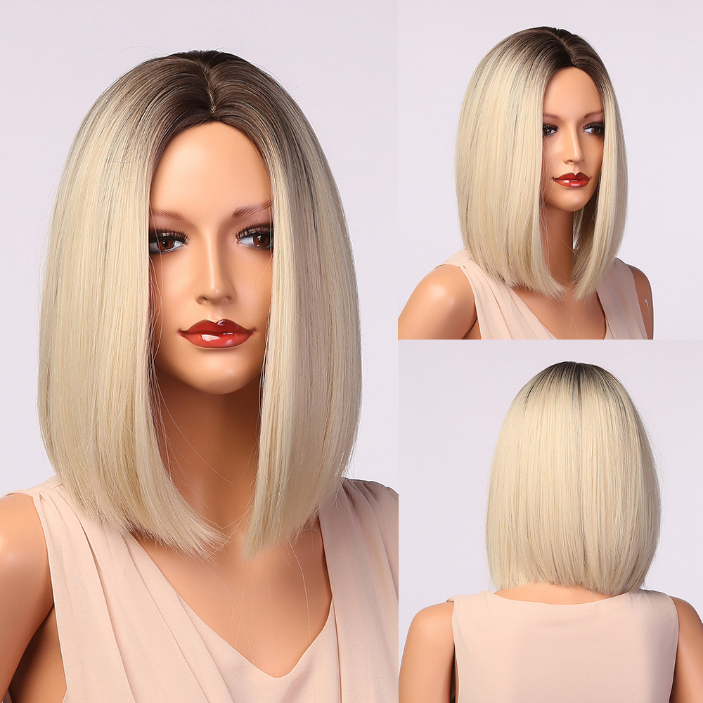 Short Straight Bob Synthetic Wig Ombre Brown Blonde Hair Wigs Premium Daily Wear Wigs Synthetic Hair