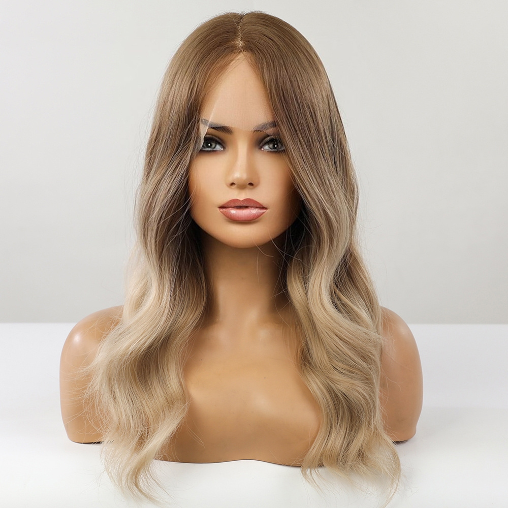 Fast Delivery Medium Length Lace Wig Brown Gradient Blonde Synthetic Japanese Fiber High Density Heat Resistant Lace Wig