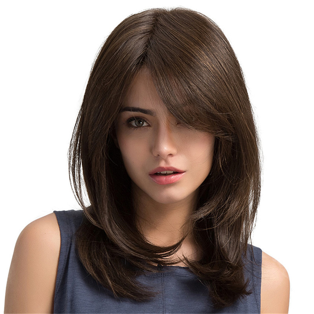 OEM Synthetic Brown Wigs with Bangs 20 Inch Layered Natural Curly Hair Wigs for Women Heat Resistant Wig pelucas lisas