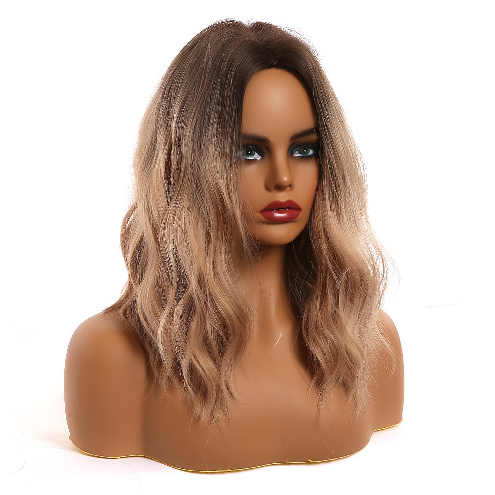 Medium Long Water Wave Ombre Black Brown Synthetic Wigs Natural Middle Part Heat Resistant Hair Wigs for Black Women