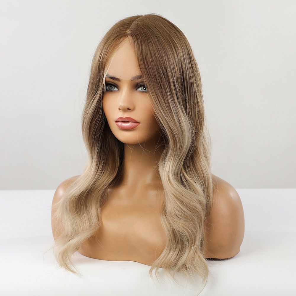 Fast Delivery Medium Length Lace Wig Brown Gradient Blonde Synthetic Japanese Fiber High Density Heat Resistant Lace Wig