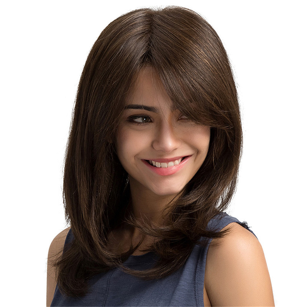 OEM Synthetic Brown Wigs with Bangs 20 Inch Layered Natural Curly Hair Wigs for Women Heat Resistant Wig pelucas lisas