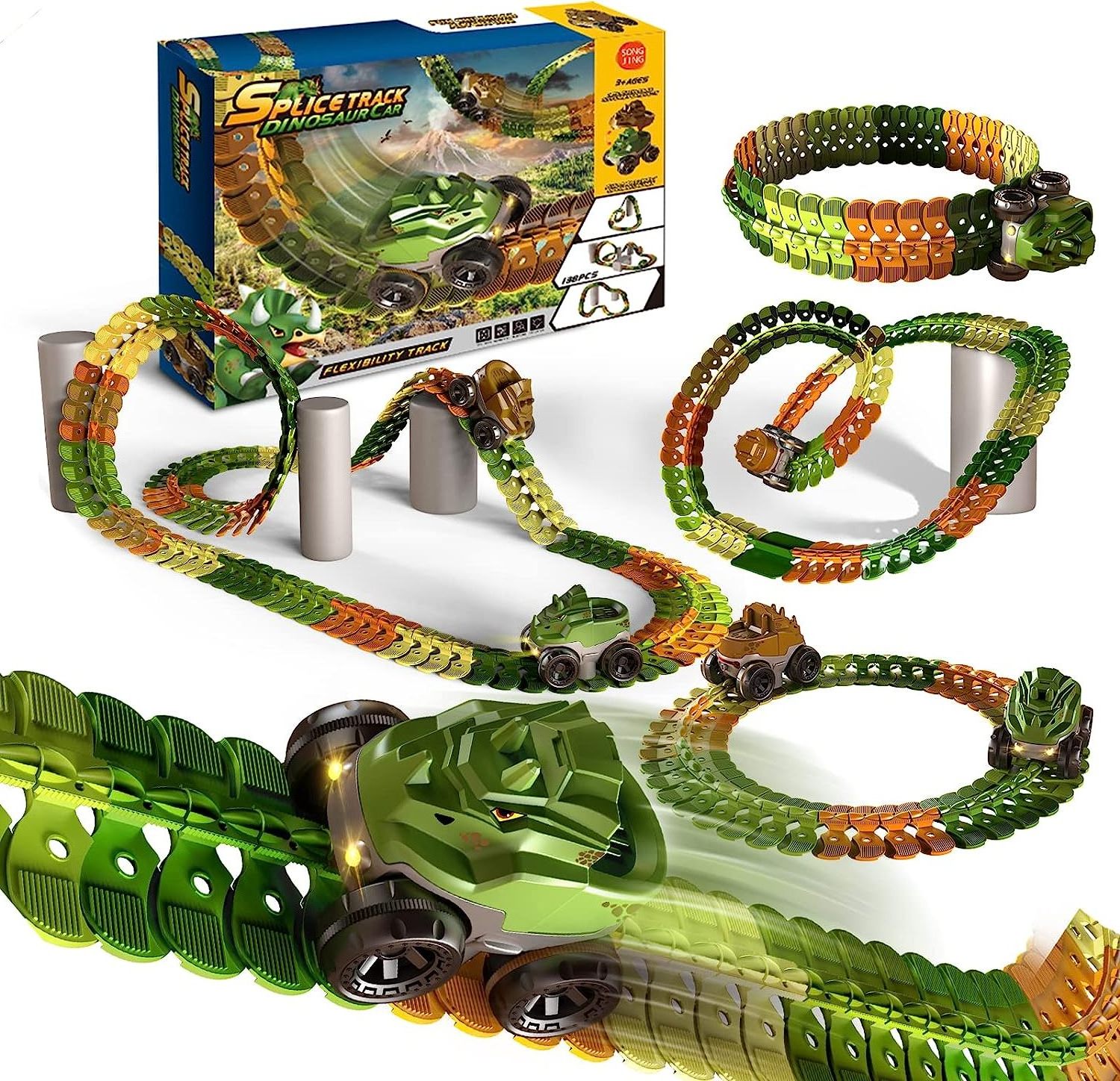 Dinosaur Toys Race Track Flexible Train Tracks with 8 Dinosaurs Electric Race Cars Vehicle play set