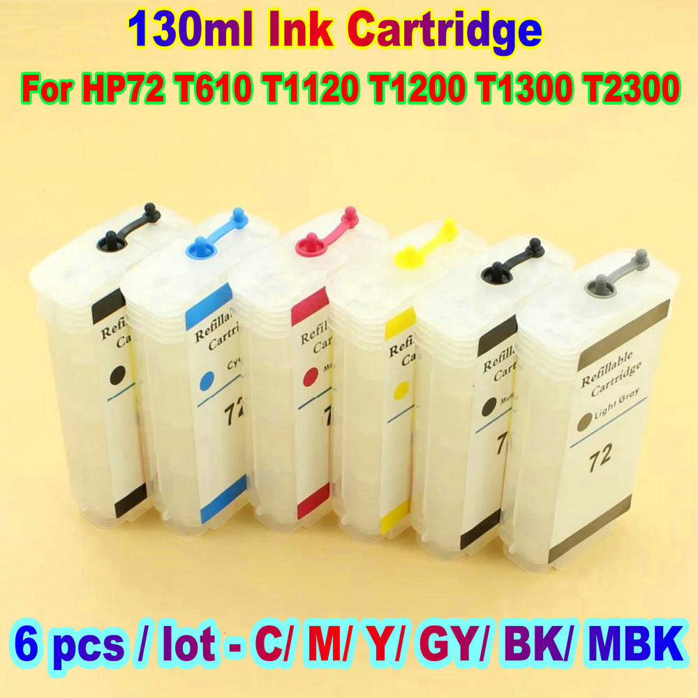 130ml Refillable Printer Ink Cartridge For HP 72 Designjet T610 T1120 T1200 T1300 T2300 HP72 Empty Ink Cartridge 6 Colors Kit