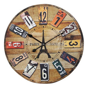 Large Retro Vintage MDF Wall Clock Paris Eiffel Tower Clock Home Decor Round Wall Clocks