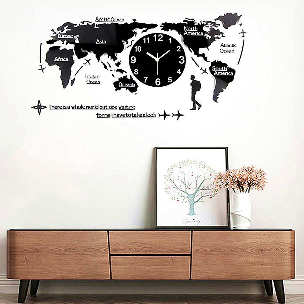 Large World Map Clocks Modern Home Decoration Wall Clock Sticker Relojes Horloge 3d Diy Hotel Unique Art Design Digital Acrylic