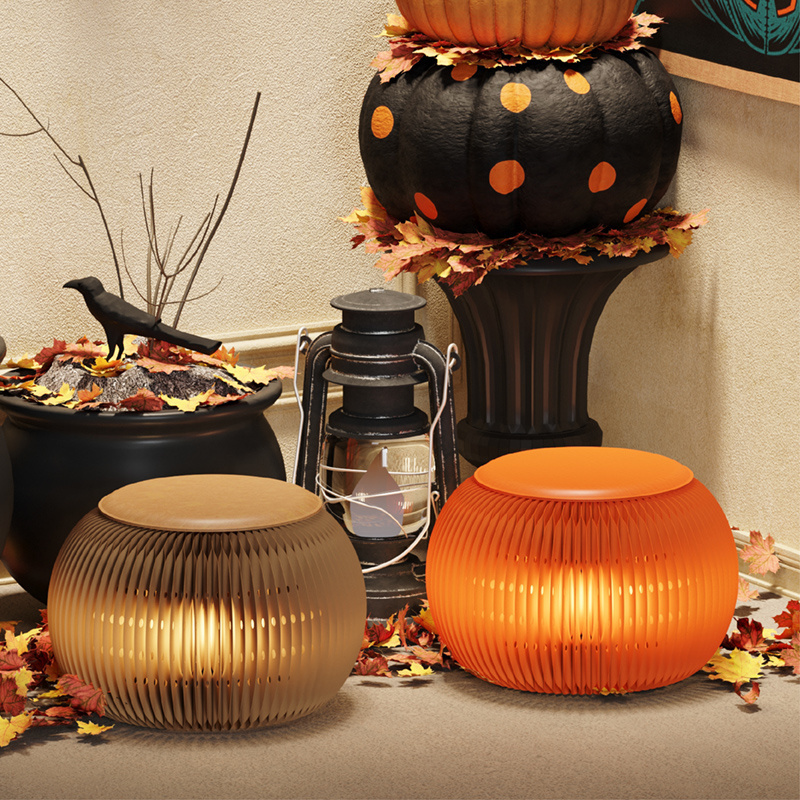 ihpaper Halloween Pumpkin Paper Stool Folding Foot Stool With light Round Stool For Sitting And Decoration