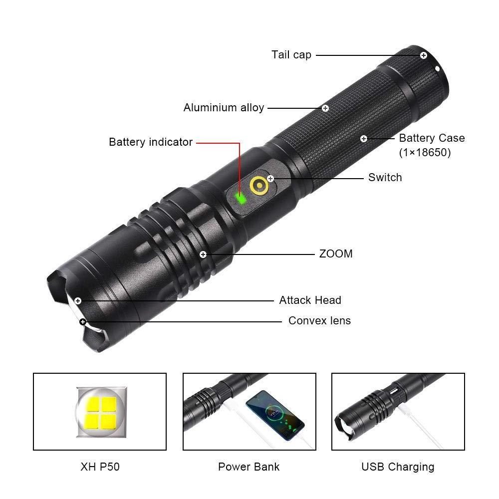 IHUAlite Handheld Portable WAterproof Aluminum USB Rechargeable Power Bank 1000 Lumens P50 Tactical Flashlight LED Torch