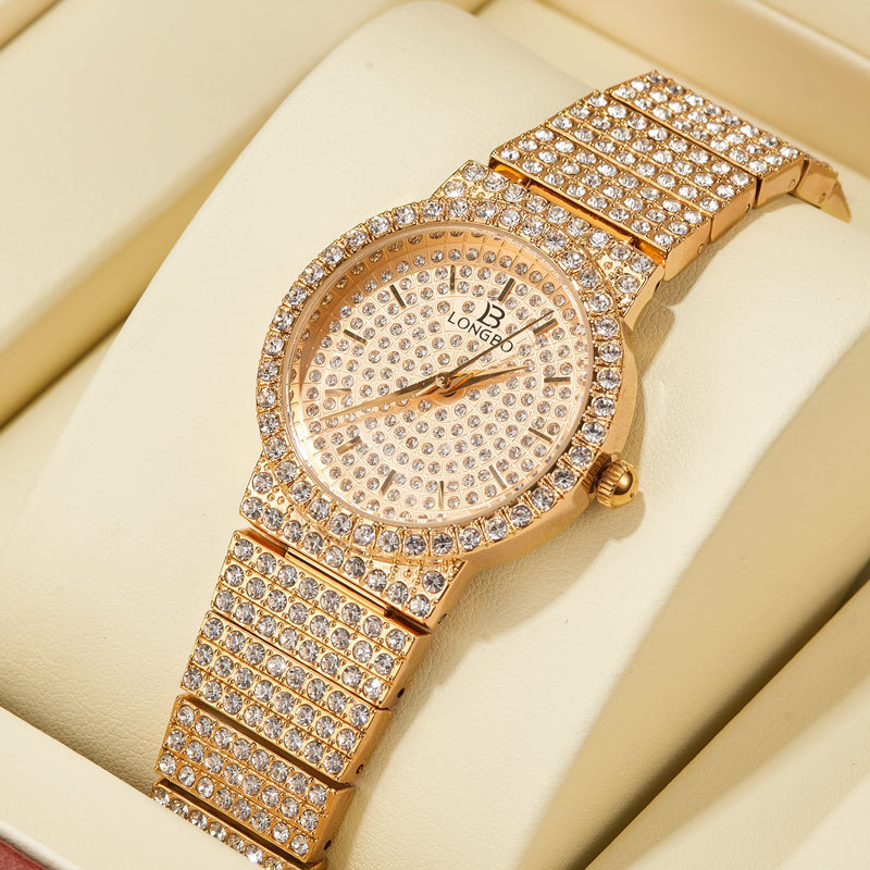 LONGBO 80668L Gold Ice Out Full Diamond Japan Quartz Jewelry Fashion Lady Stainless Steel Wrist Woman Watch