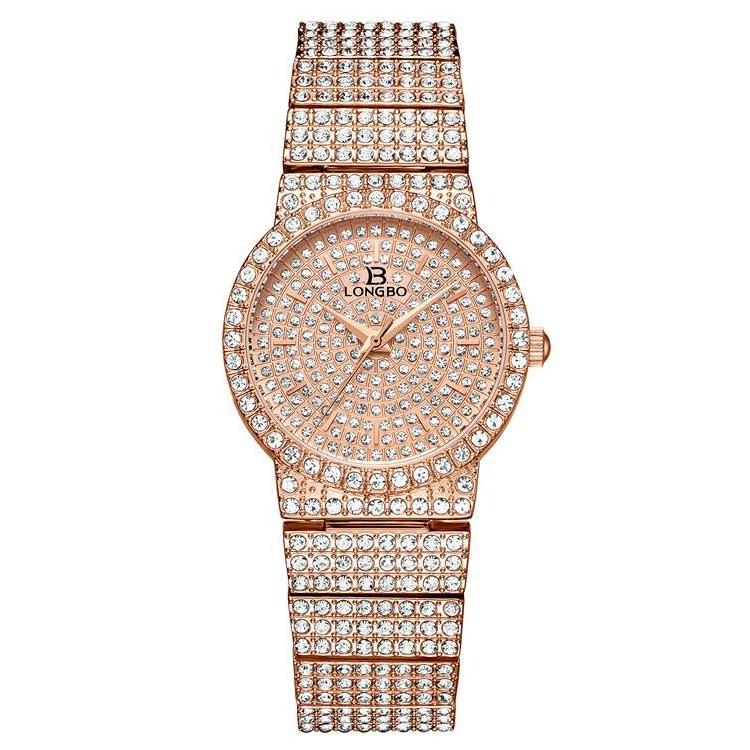 LONGBO 80668L Gold Ice Out Full Diamond Japan Quartz Jewelry Fashion Lady Stainless Steel Wrist Woman Watch