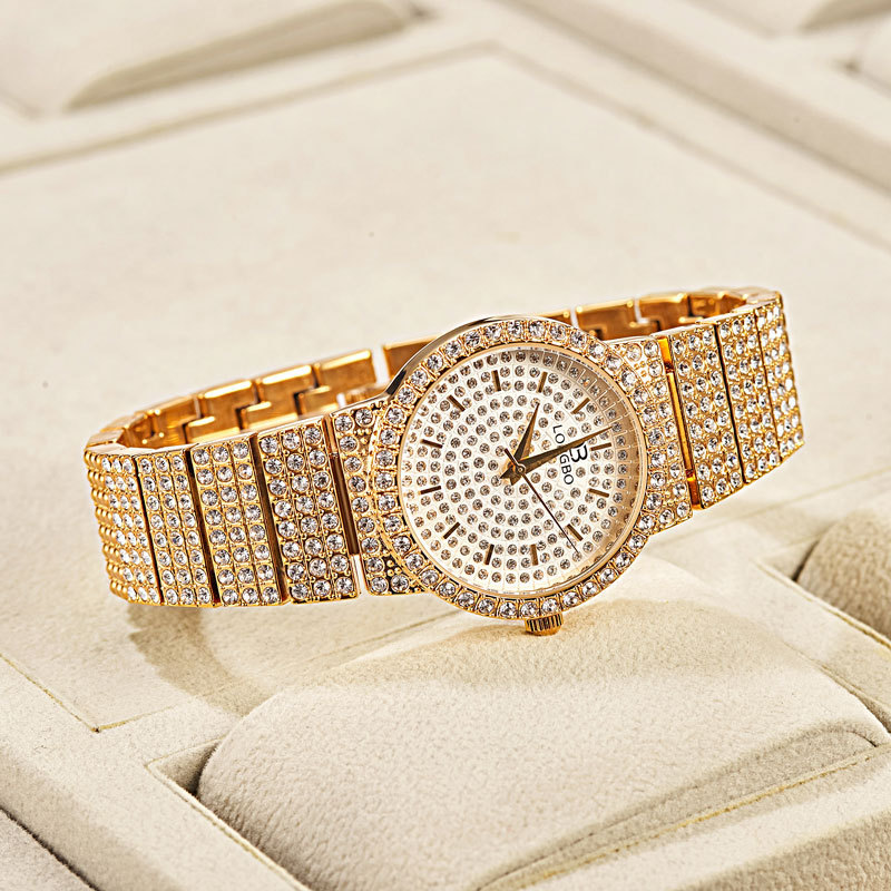 LONGBO 80668L Gold Ice Out Full Diamond Japan Quartz Jewelry Fashion Lady Stainless Steel Wrist Woman Watch