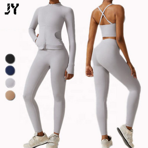 Joyyoung Wholesale Gym Sports Wear Zip Long Sleeve Plus Size Workout Sets Jackets And Leggings Sports Bras Top Yoga Sets