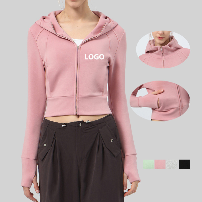 New Sportswear Long Sleeve Cropped Hoodies Casual Sports Workout Full Zip Hoodie Crop Top jacket with thumb hole