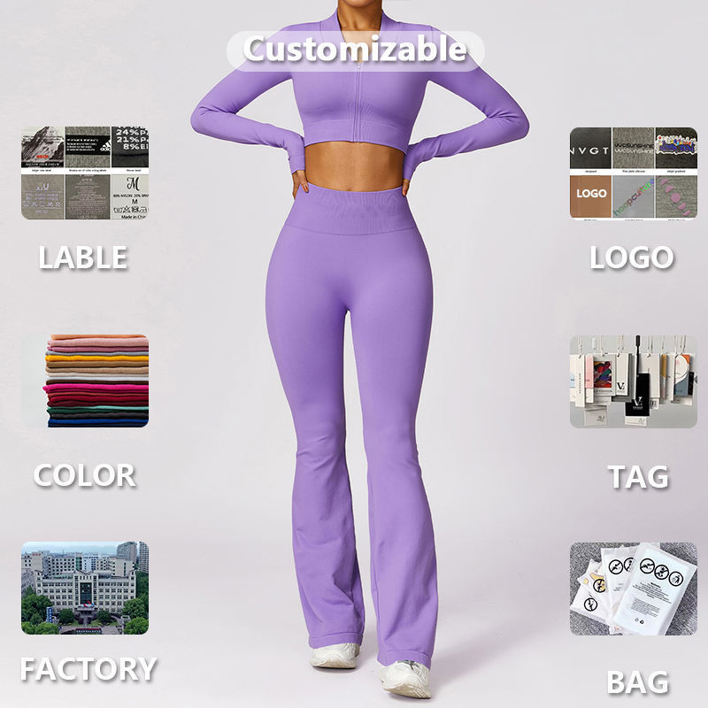 Joyyoung  hot selling customize logo fitness Yoga zipped tops flare pants gym fitness sets sport wear set for women