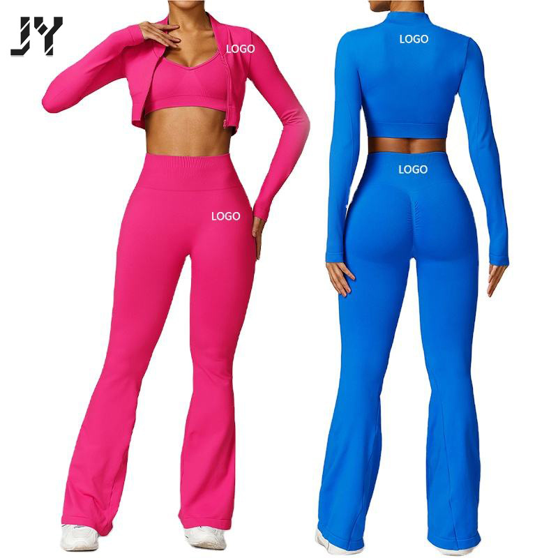 Joyyoung  hot selling customize logo fitness Yoga zipped tops flare pants gym fitness sets sport wear set for women